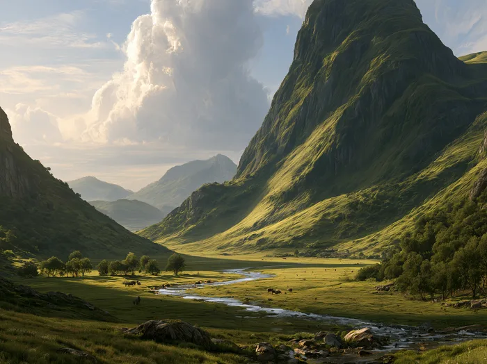 Green alpine valley with a winding river